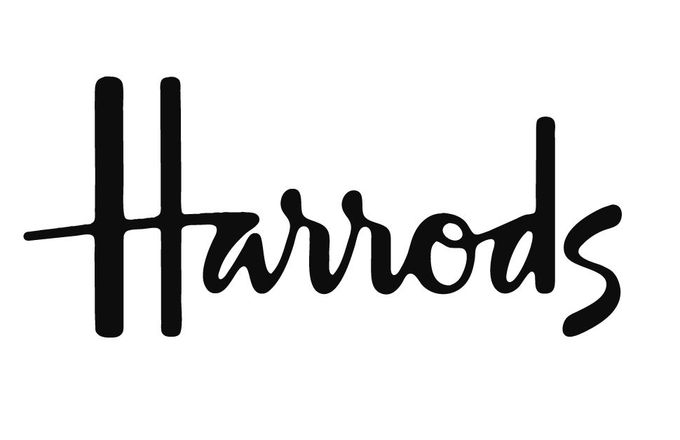 A black and white logo for harrods on a white background.