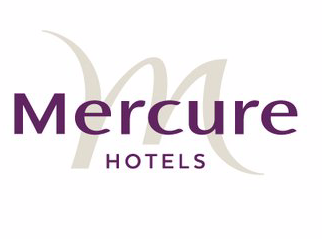 A purple and white logo for mercure hotels