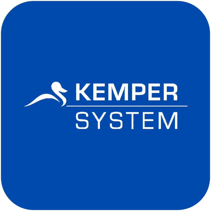 A blue square with the kemper system logo on it