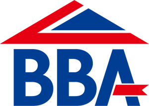A red white and blue logo for bba