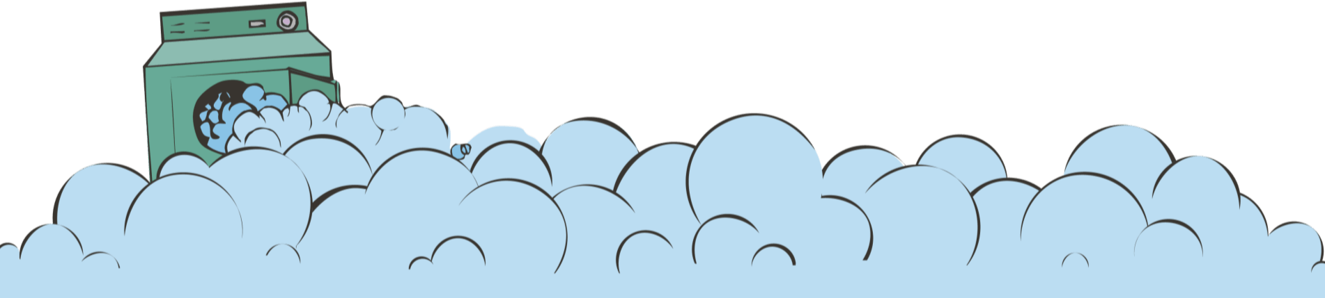 A green jar peeks out behind a pile of light blue fluffy foam or clouds.