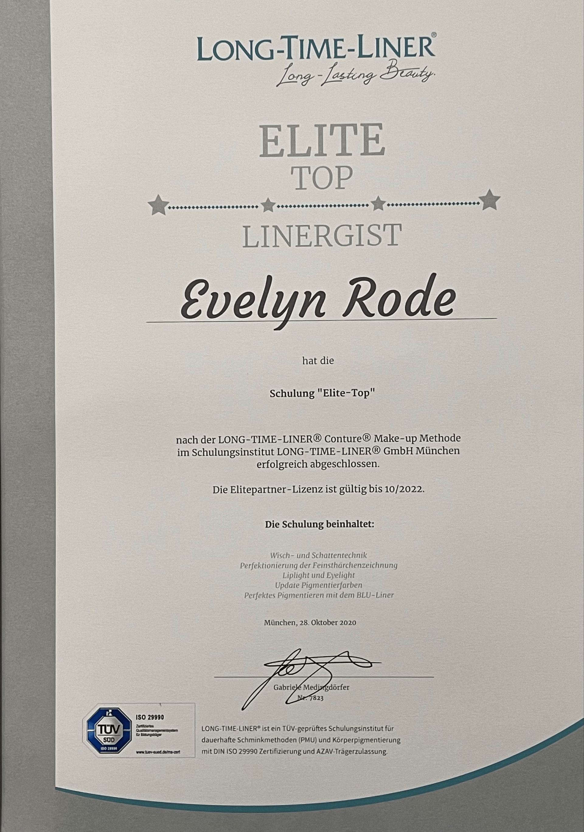 Ein Zertifikat, das besagt, dass Elite-Top-Liner-Spezialistin Evelyn Rode