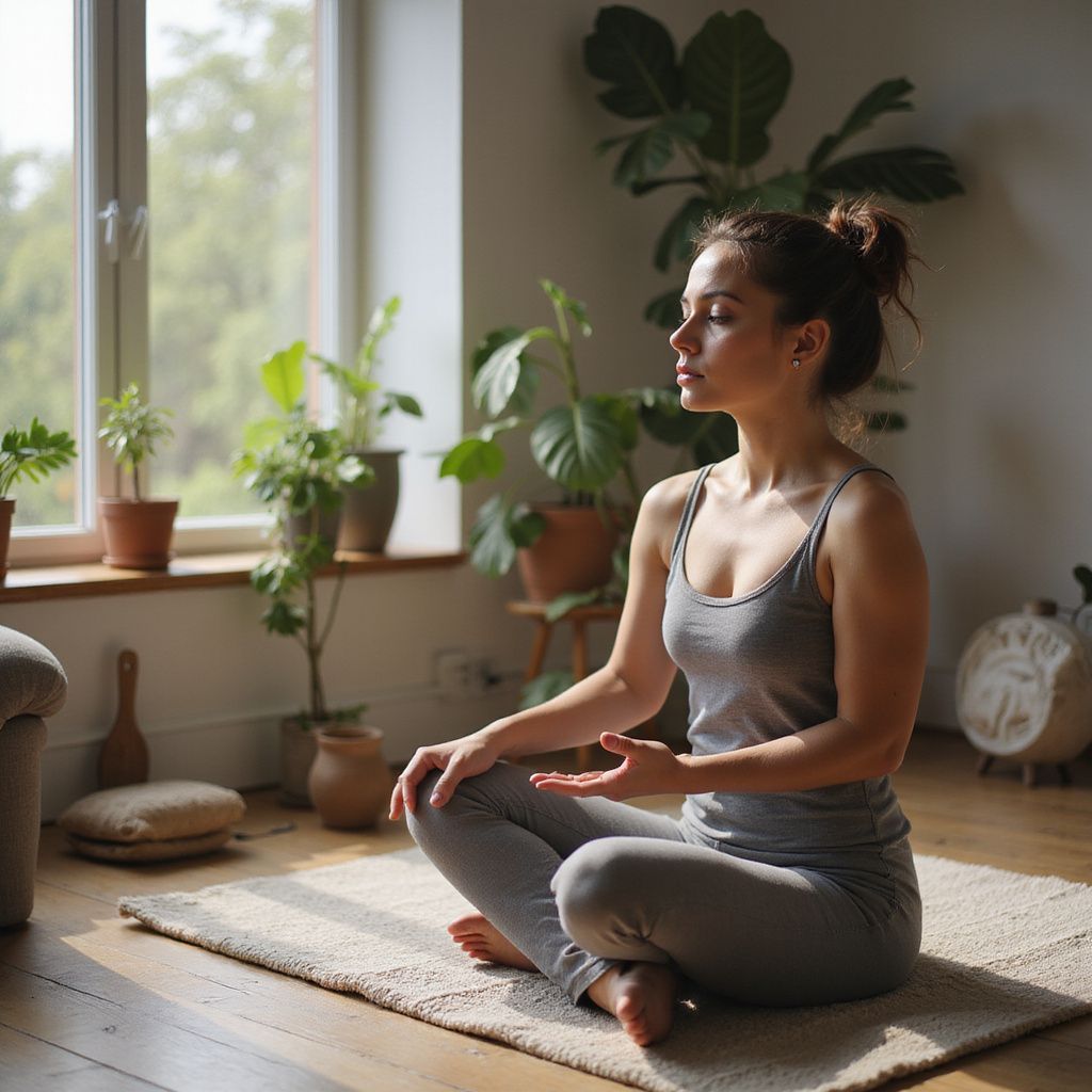 Woman meditating in a sunlit room, surrounded by plants, seated on a rug, eyes closed.