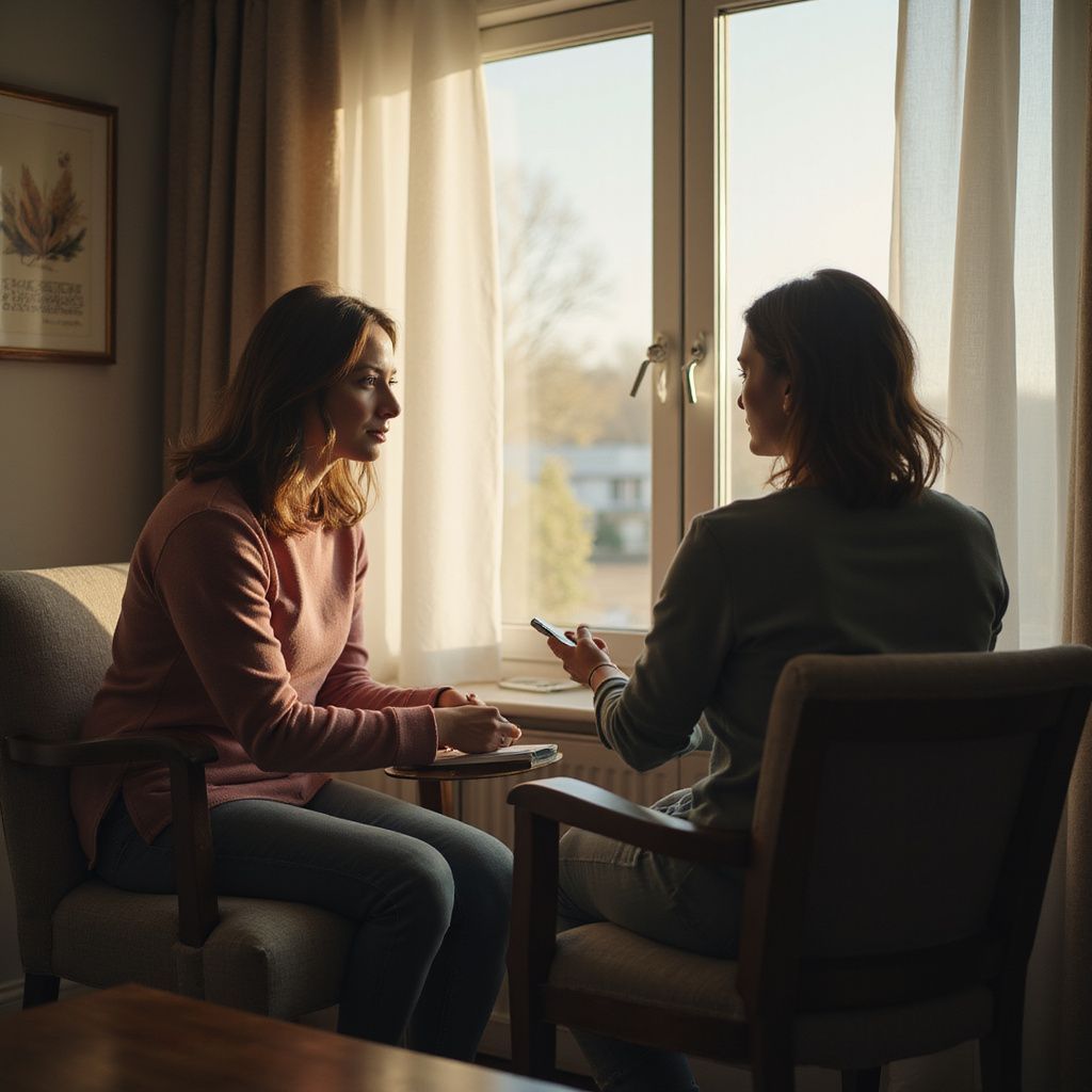 Two women seated in armchairs near a window, engaged in a conversation, likely a therapy session.
