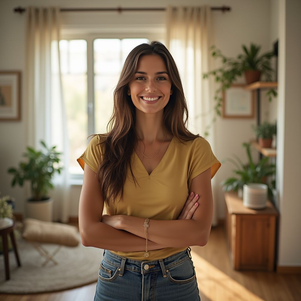 Woman with arms crossed, smiling, wearing yellow top and jeans, standing in a well-lit living room with plants.