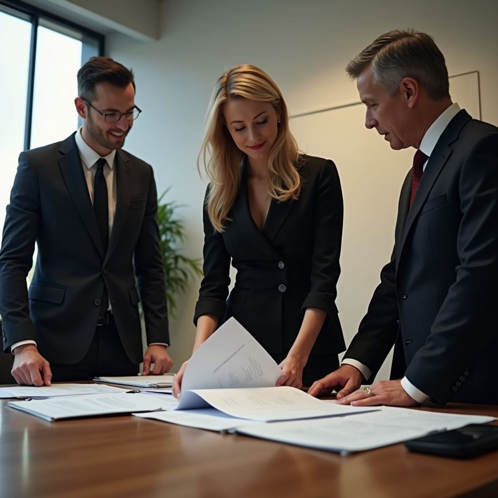 Three people in suits reviewing documents at a table in an office.