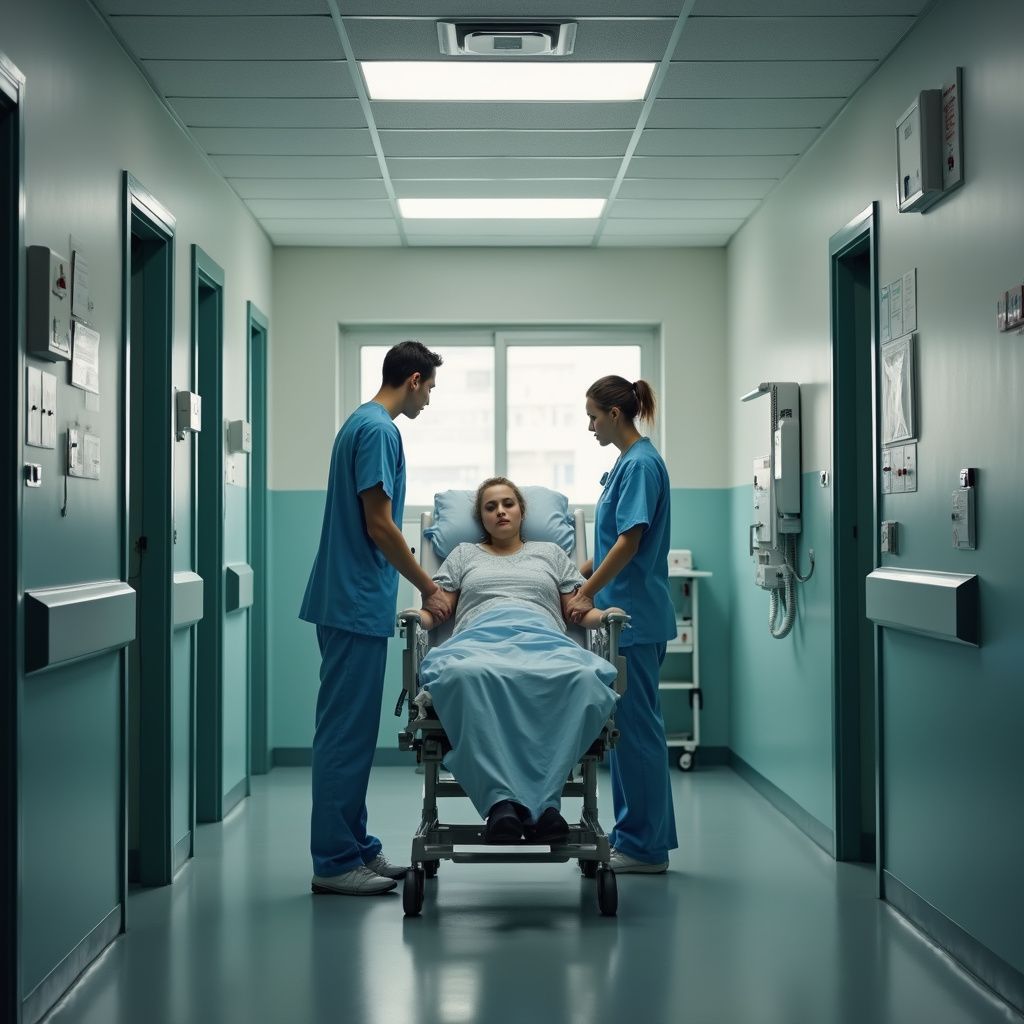 Woman on gurney in hospital hallway, attended by two medical staff in scrubs.