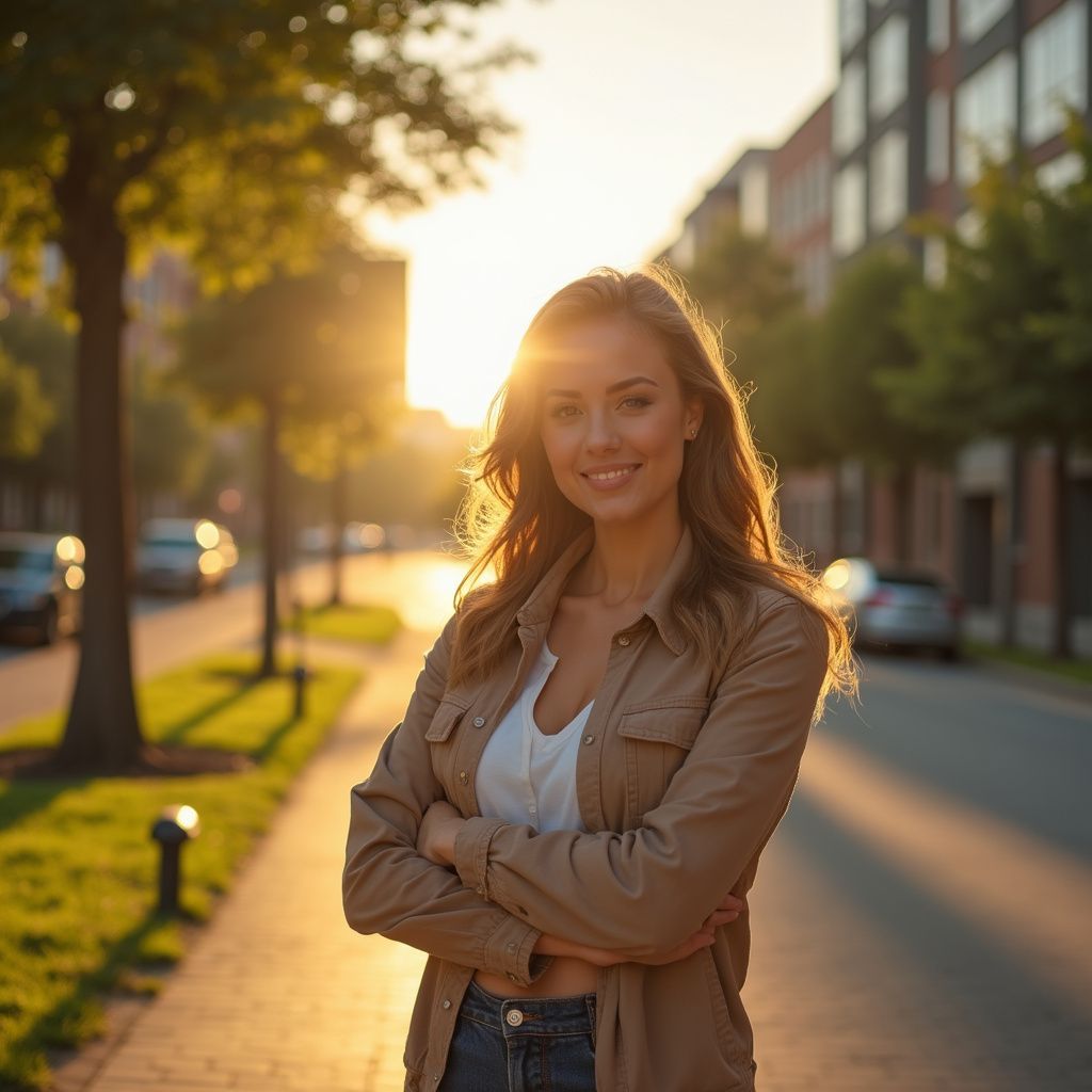 Woman smiles with arms crossed on a sunny sidewalk.
