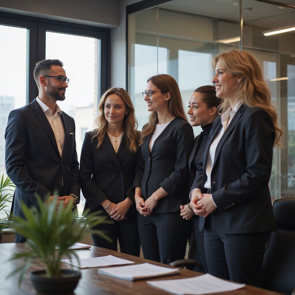 Five business professionals in a modern office, smiling, looking at each other, papers on the table.