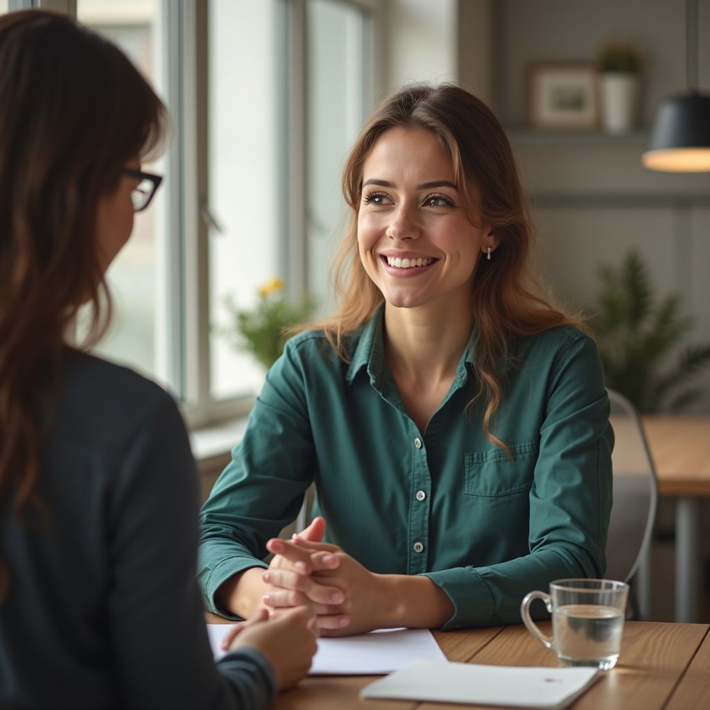 Woman in green shirt smiles during an interview, seated across from another person.