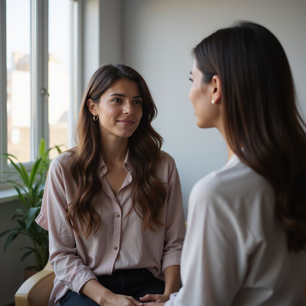 Two women in a room, one talking, the other listening and smiling, with a plant and window in the background.