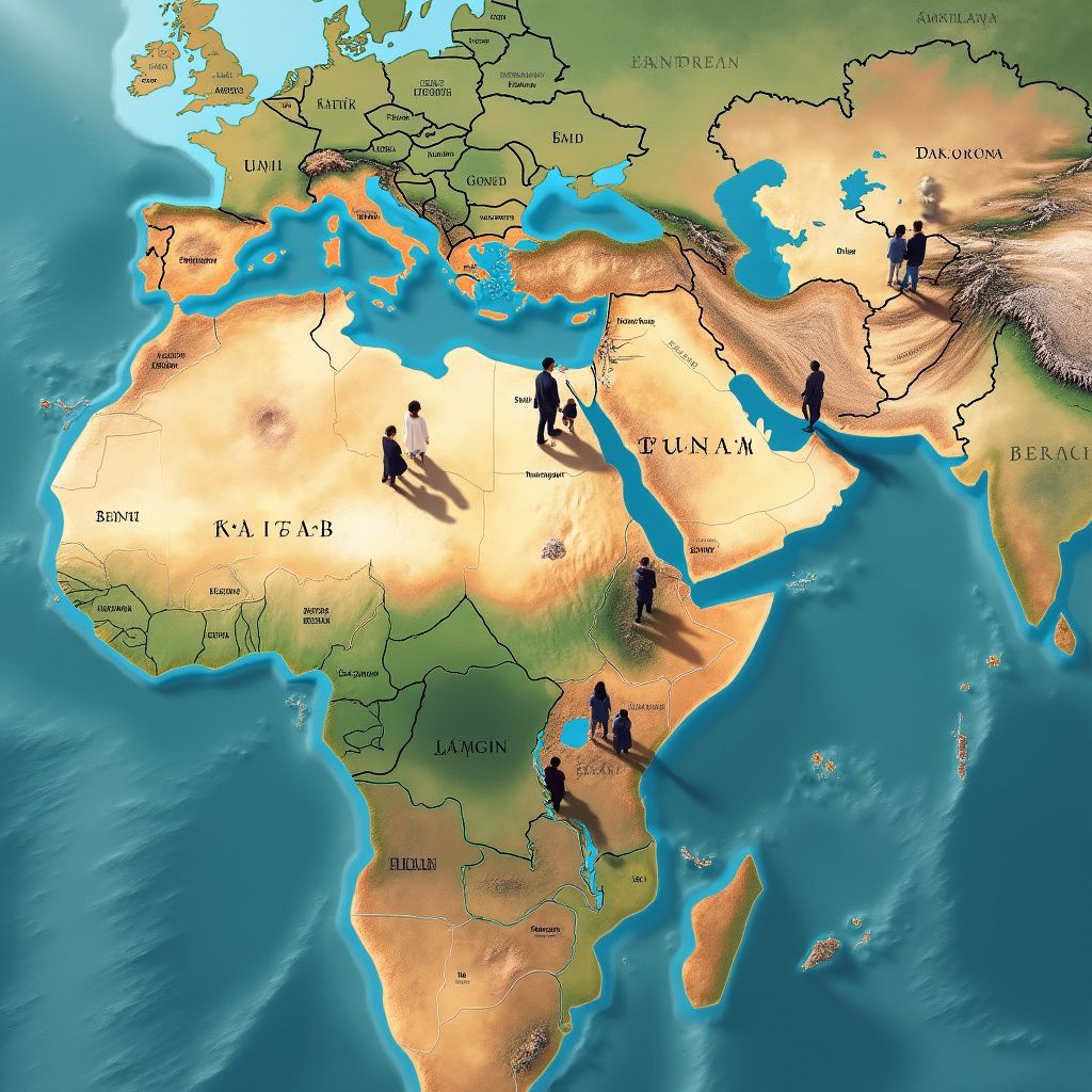 Map of the world; people figures placed on continents. Countries are outlined in green, oceans are blue.