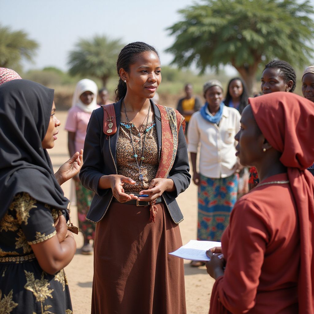 Woman in a blazer talking with other women outdoors. Others in the background. Sunny, dry environment.