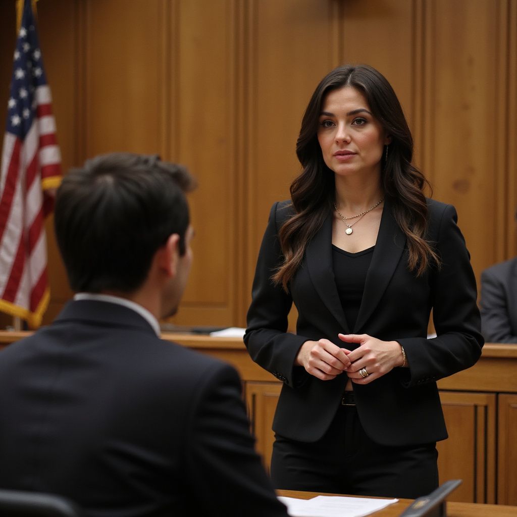 Woman in black suit speaks to a man in a courtroom, American flag in background.