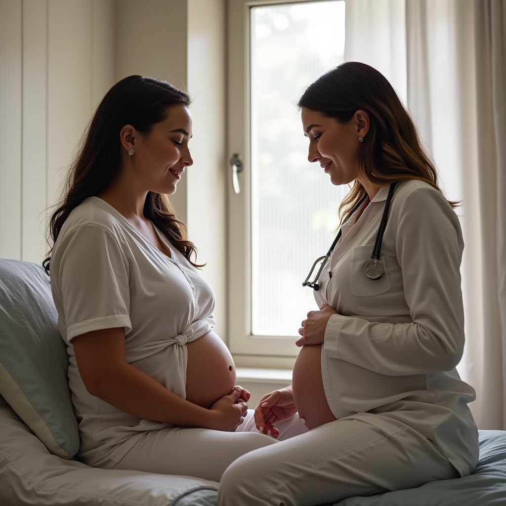 Pregnant person and healthcare provider smiling, in a medical setting, both holding their bellies.