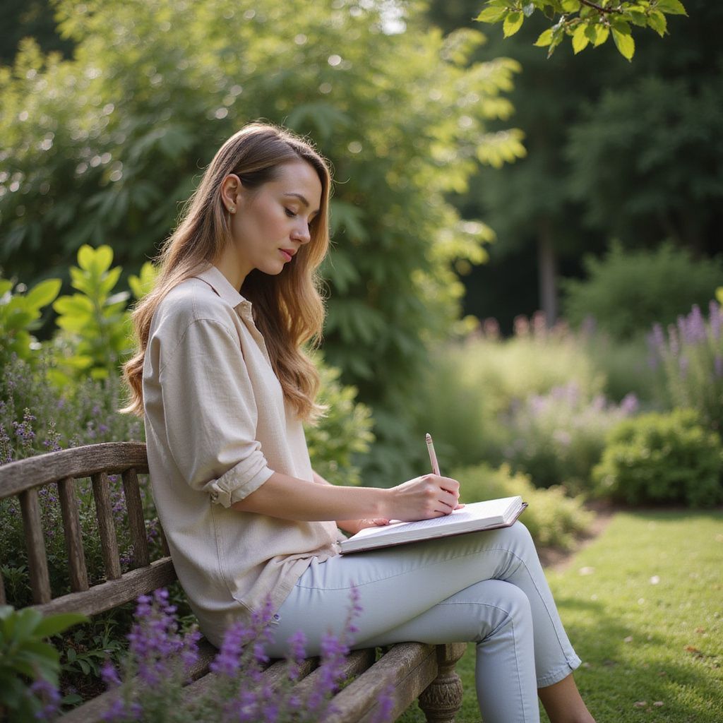 Woman sitting on a wooden bench in a garden, writing in a notebook.