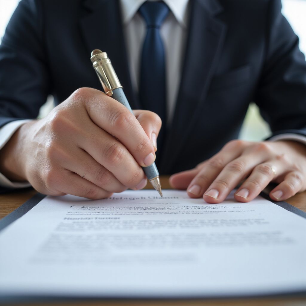 Person in a suit signing a document with a pen at a wooden table.