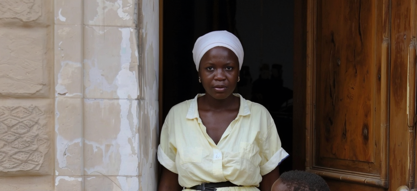 Woman wearing white head covering and yellow shirt stands in doorway, looking forward.