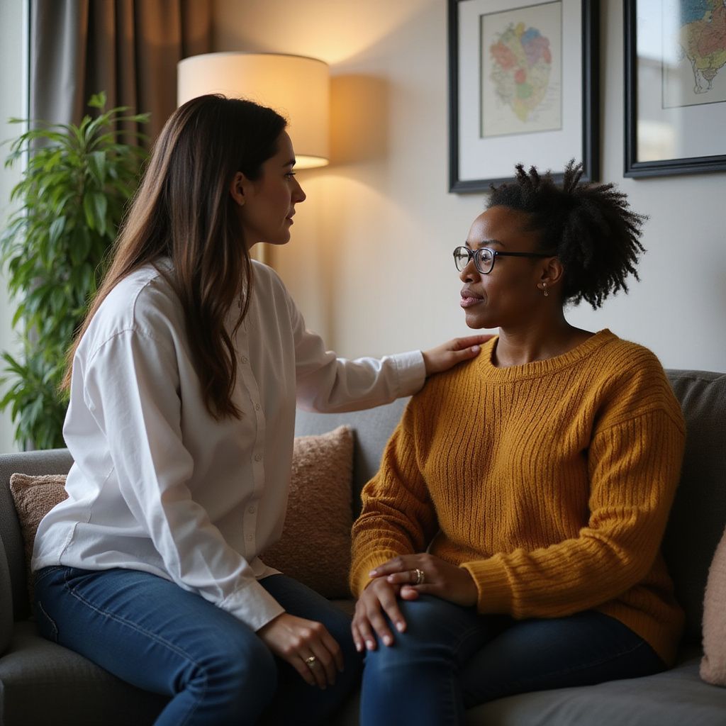 Woman comforts another with hand on her shoulder while seated on a sofa indoors.