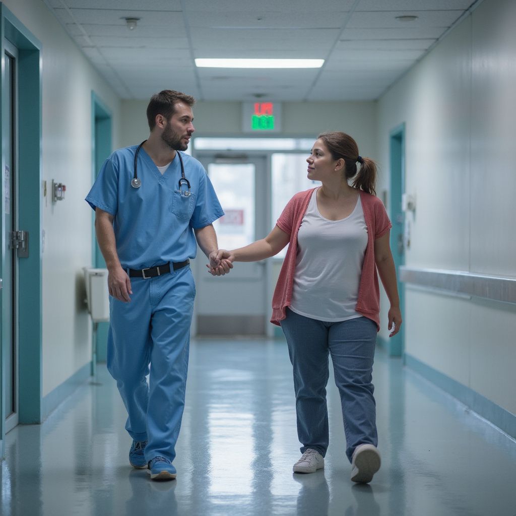 Doctor in blue scrubs holds hands with a woman in a hospital hallway, walking and looking at each other.