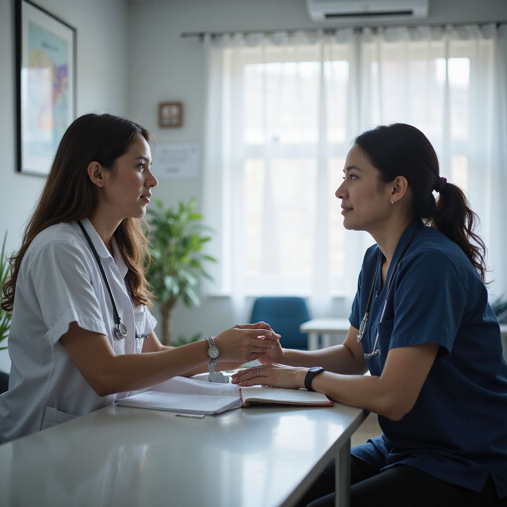 Two medical professionals at a table, holding hands, in a well-lit room.