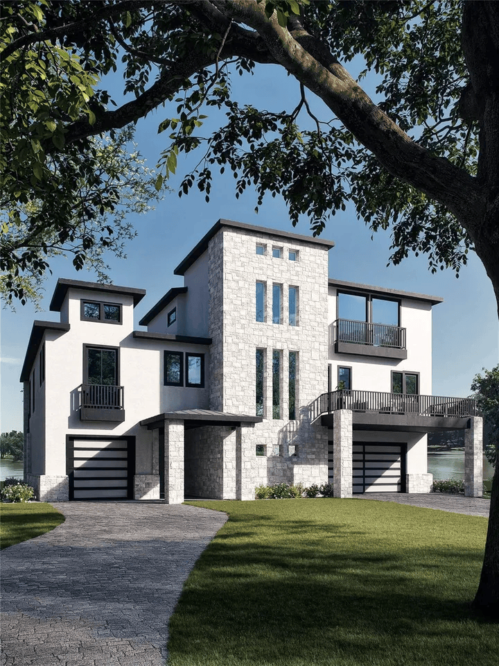Modern house with stone facade, two levels, balconies, and a pool. Spiral staircase on the side.