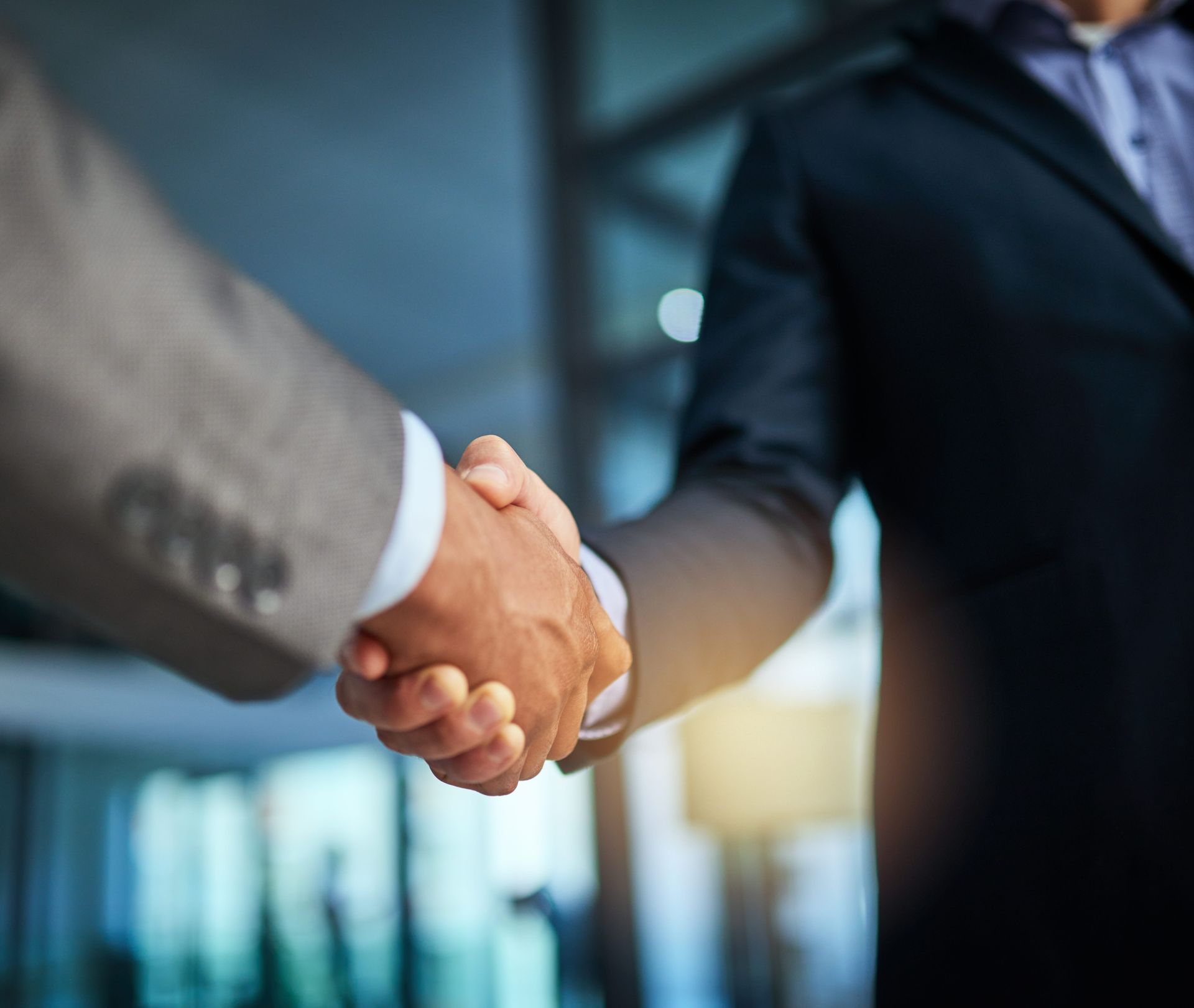 Two businesspeople shaking hands, sealing a deal, blurred office background.