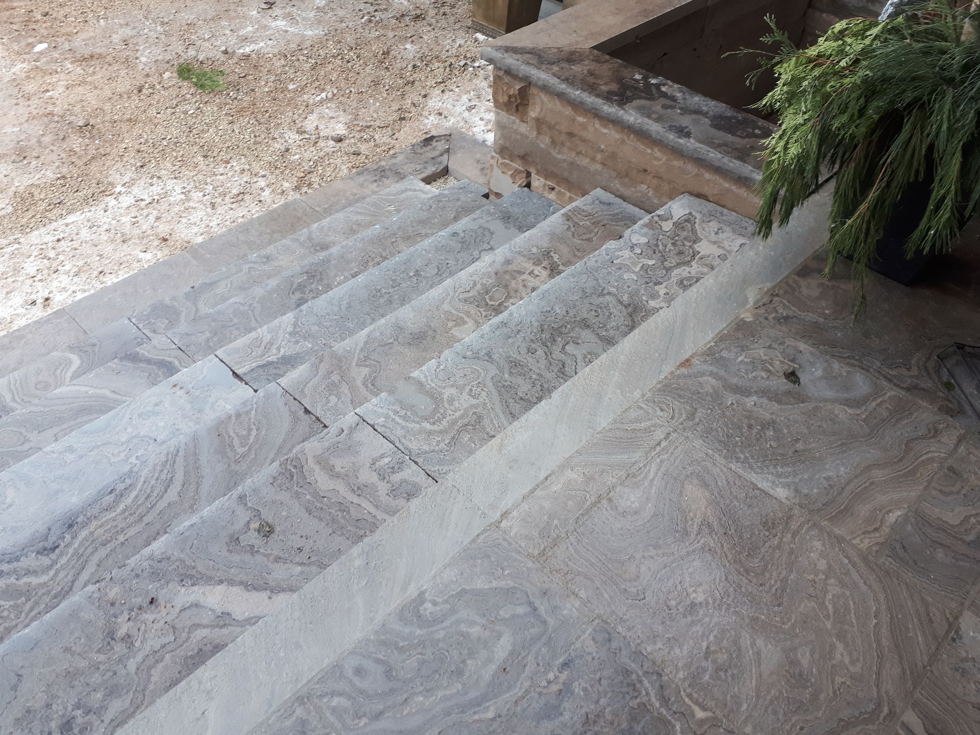 A stone staircase with a plant on the side of it.