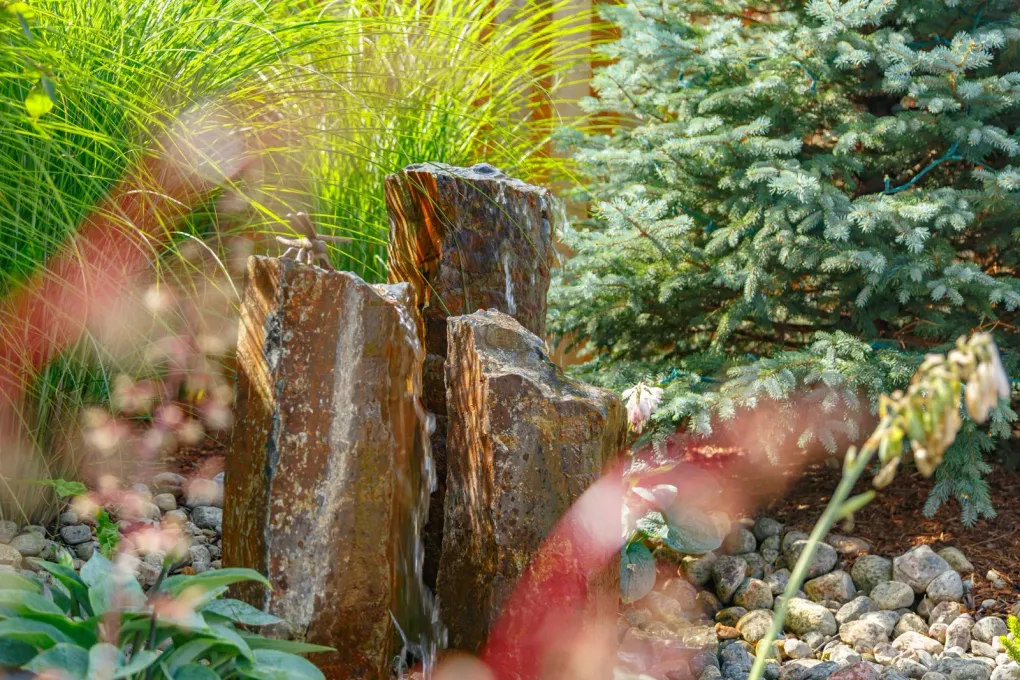 A waterfall is surrounded by rocks and plants in a garden.