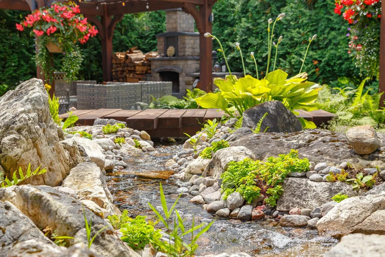 There is a waterfall in the middle of the garden.