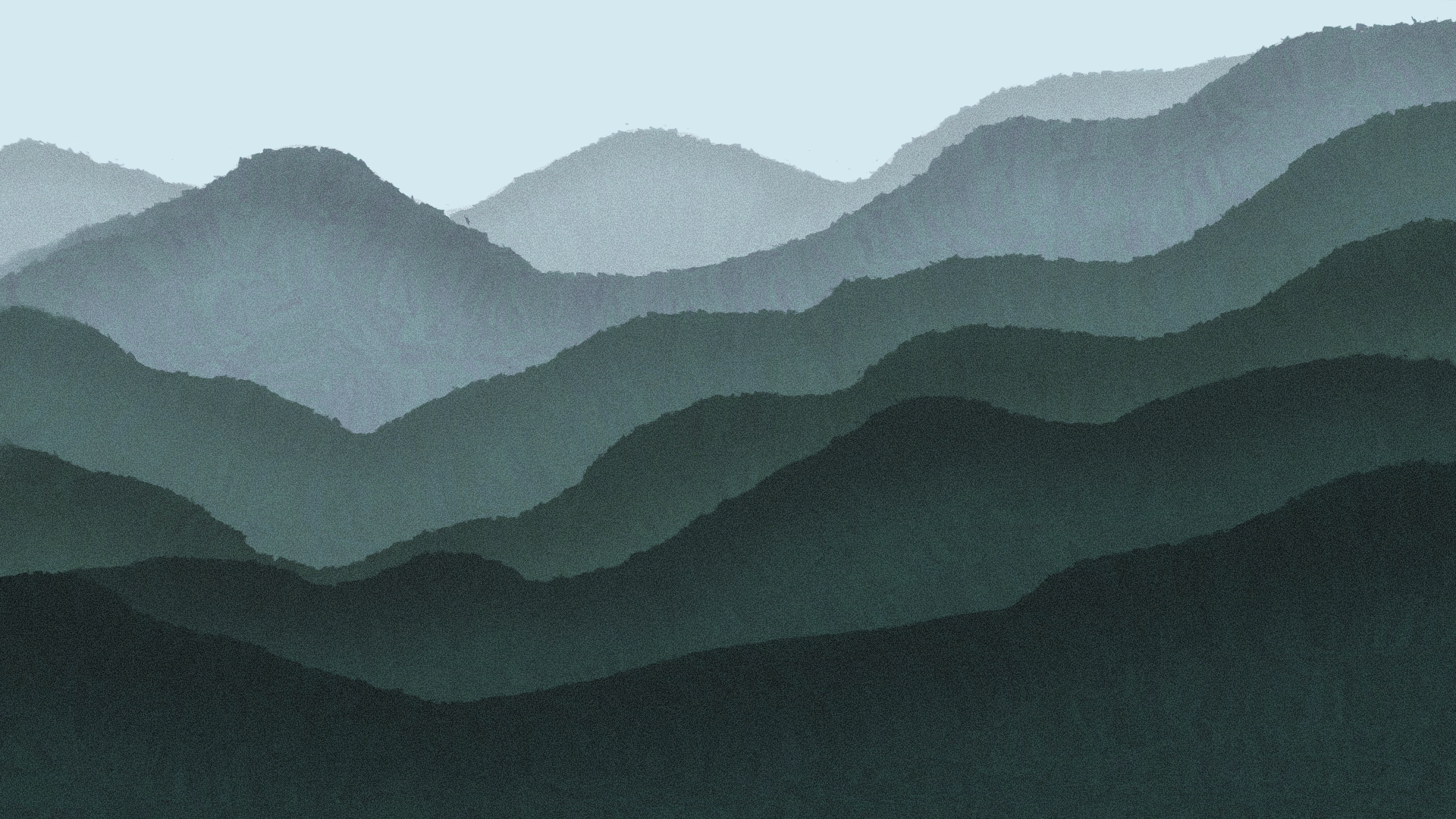 It looks like a painting of a mountain range in the fog.