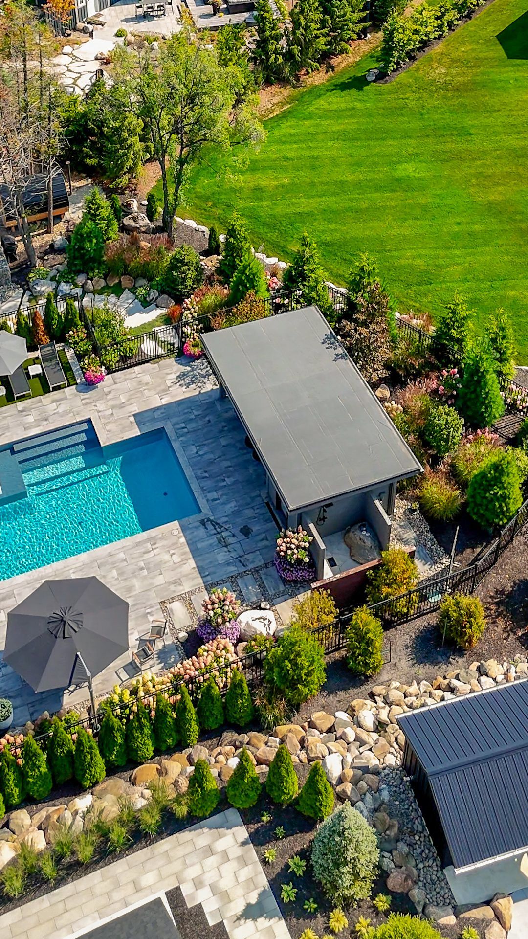 An aerial view of a swimming pool in a backyard surrounded by trees.
