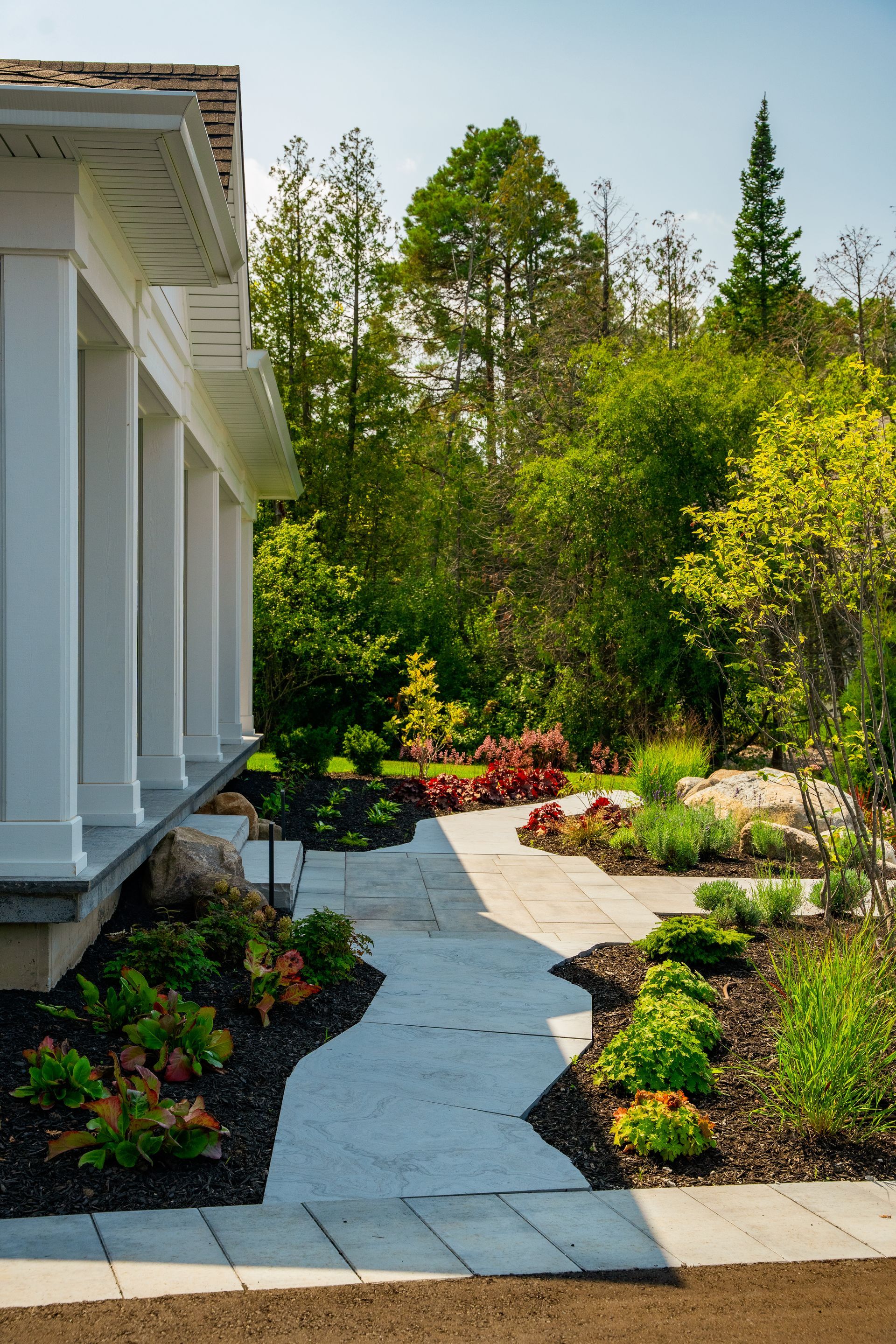 A walkway leading to a house surrounded by trees and bushes.
