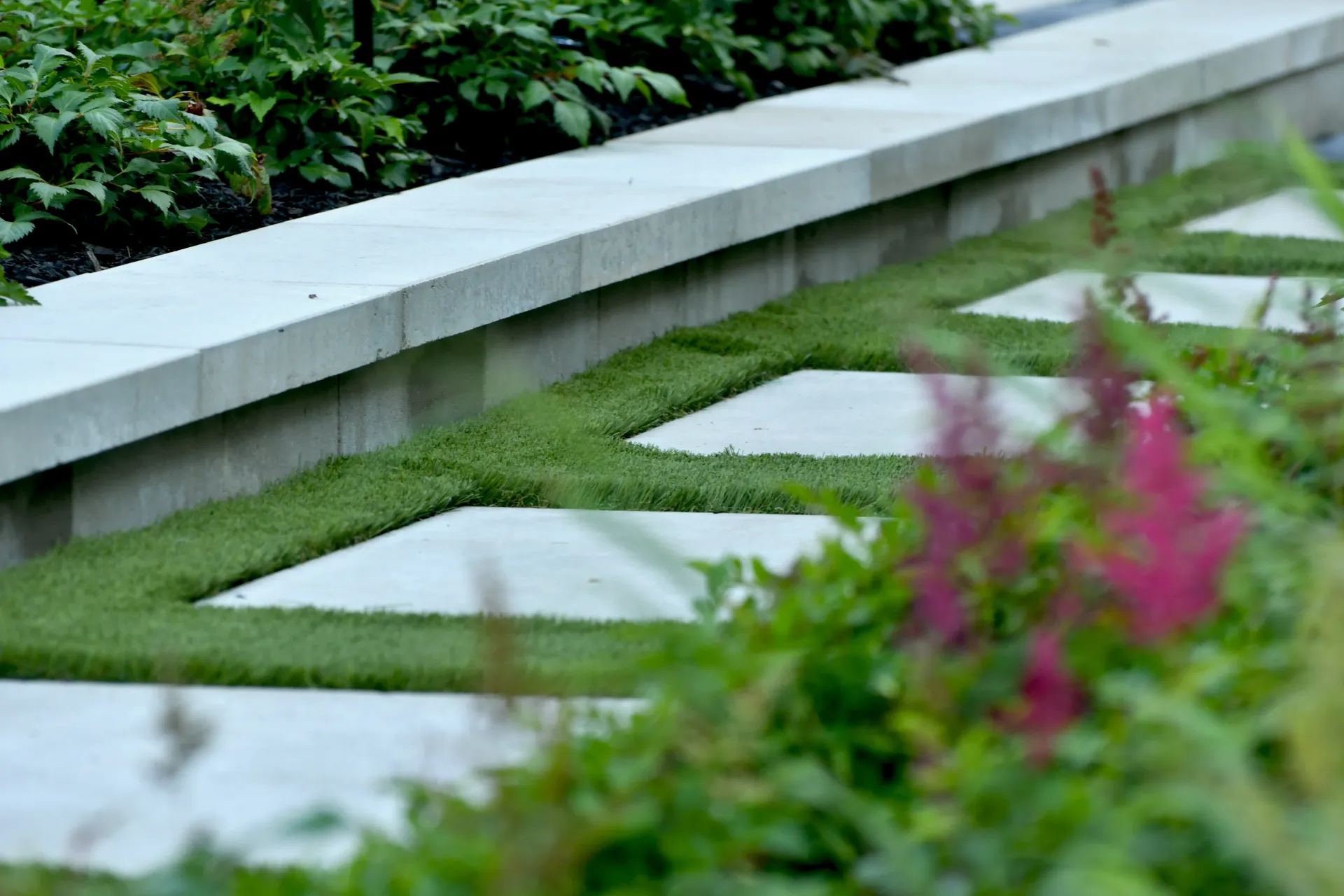 A concrete walkway surrounded by grass and flowers in a garden.