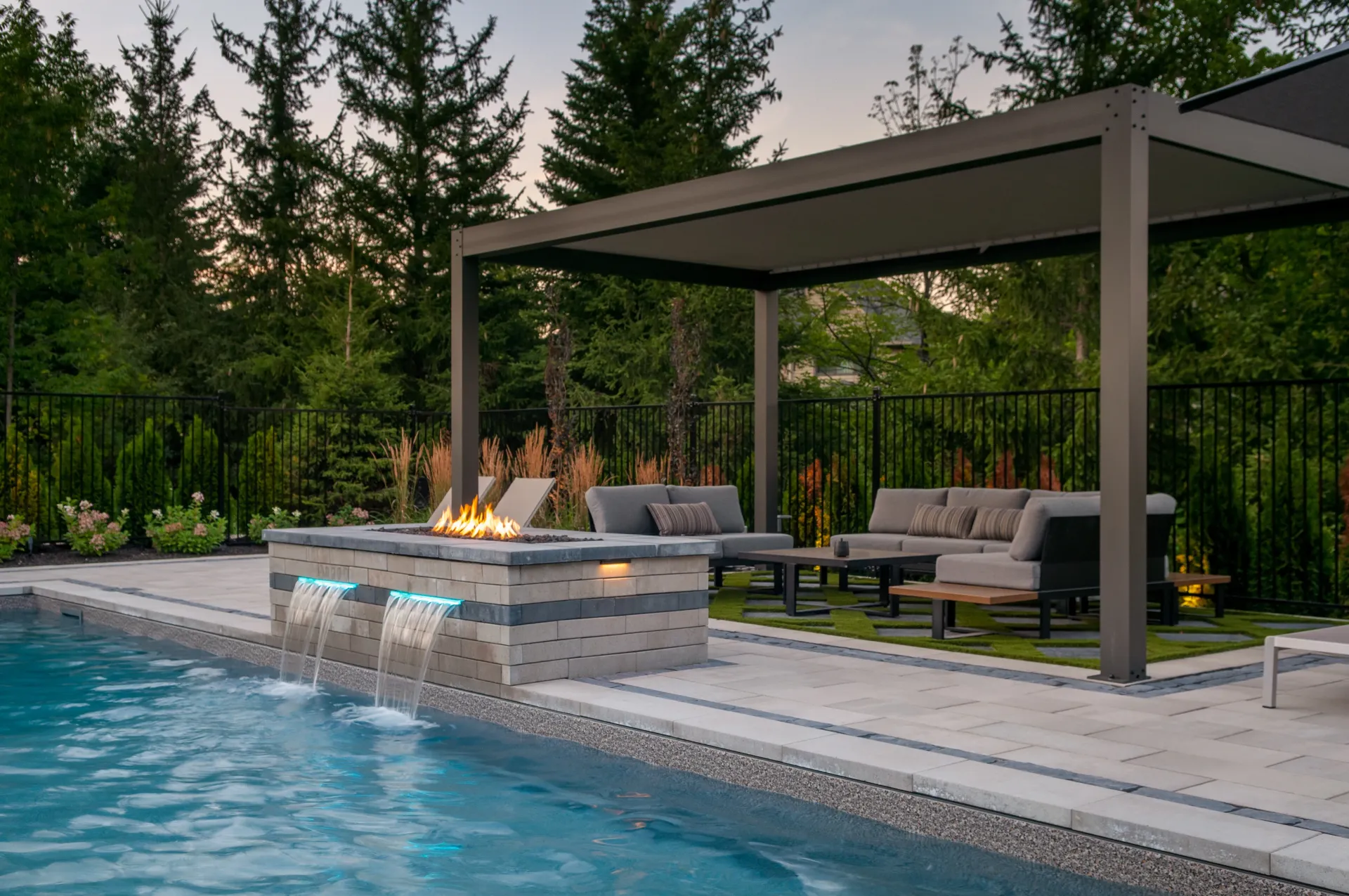 There is a fire pit in the middle of the pool.