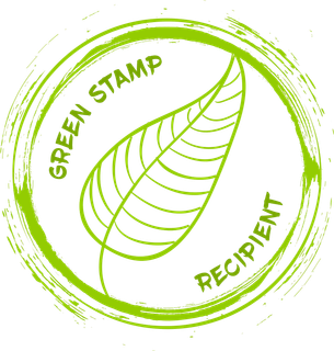 A green stamp with a leaf and the words green stamp recipient