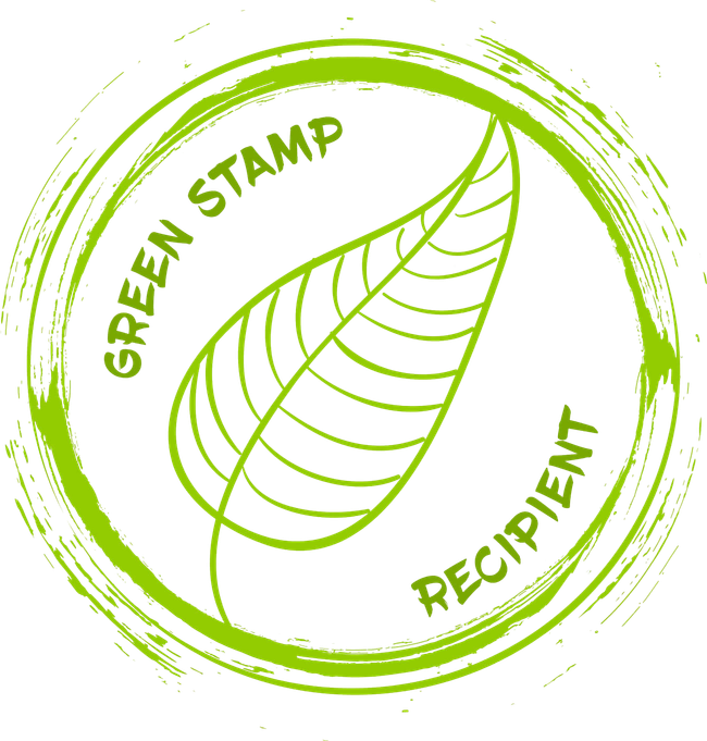 A green stamp with a leaf and the words green stamp recipient