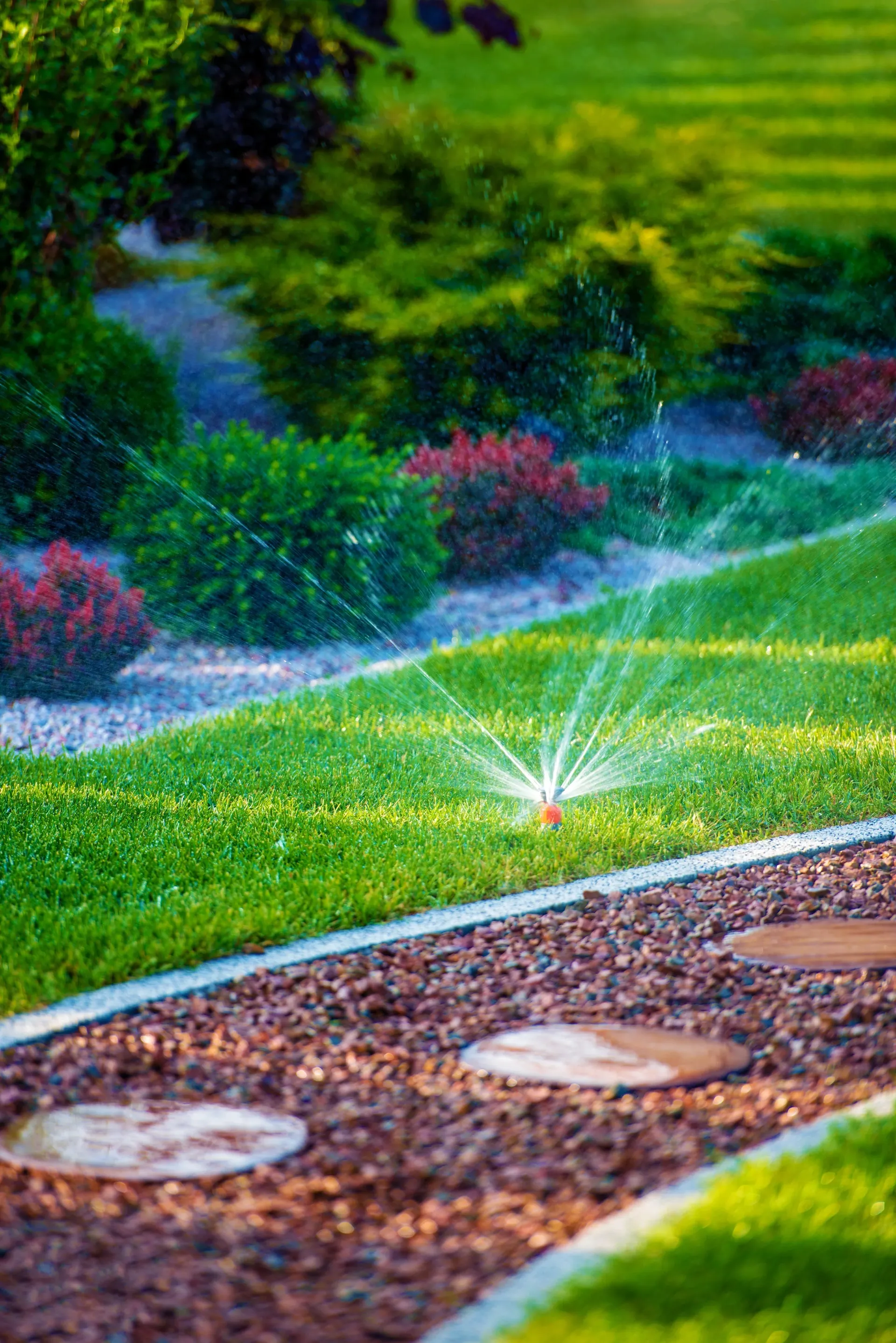 A sprinkler is spraying water on a lush green lawn.