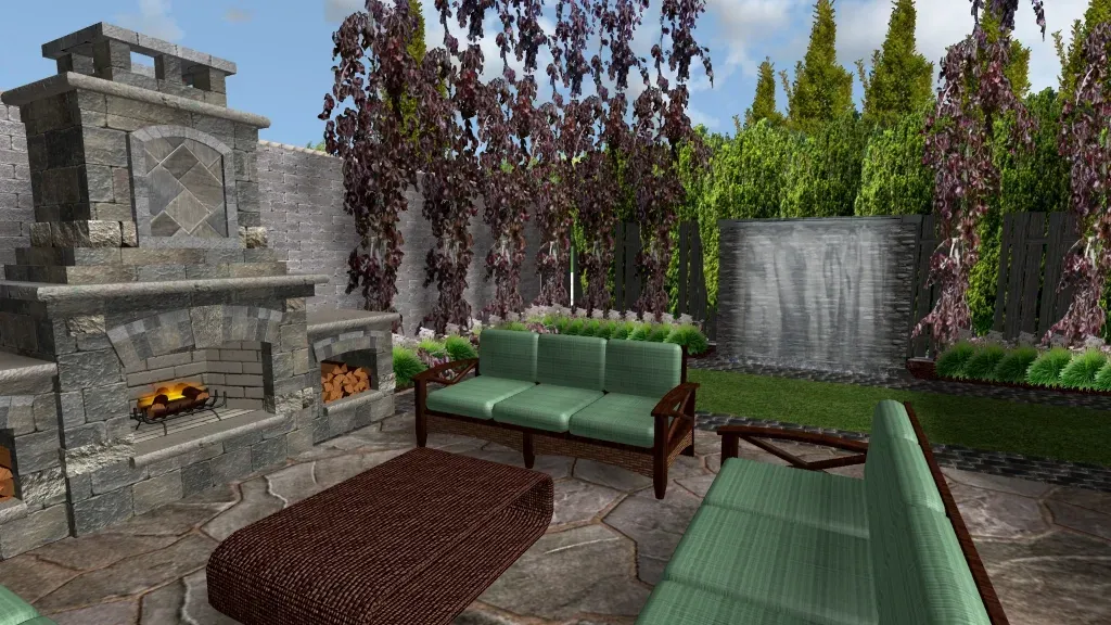 A computer generated image of a patio with a fireplace and a waterfall.