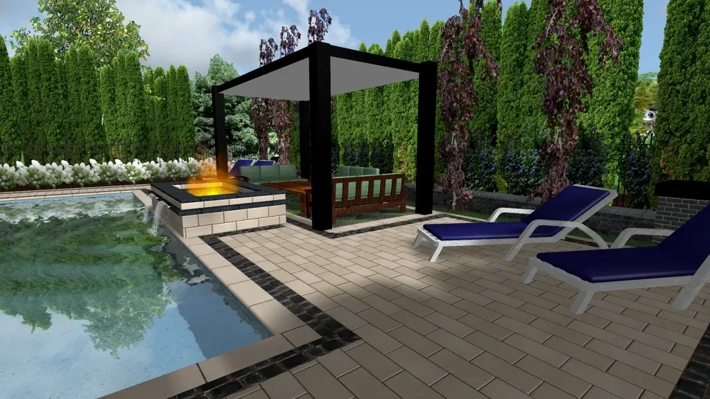 A computer generated image of a backyard with a swimming pool and lounge chairs