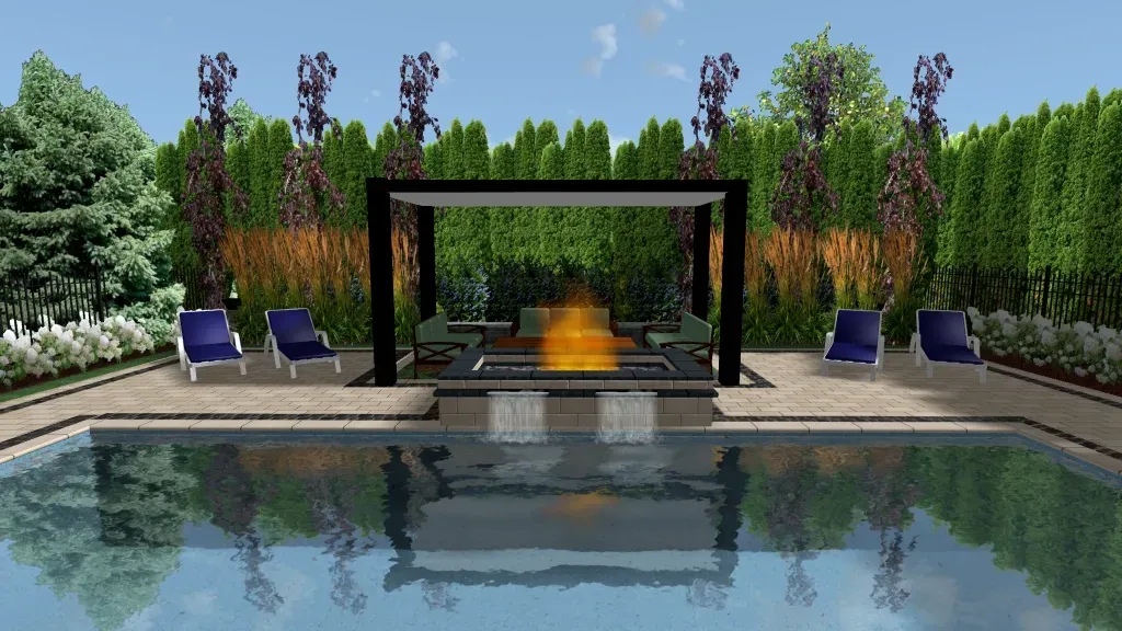 An artist 's impression of a swimming pool with a fire pit in the middle