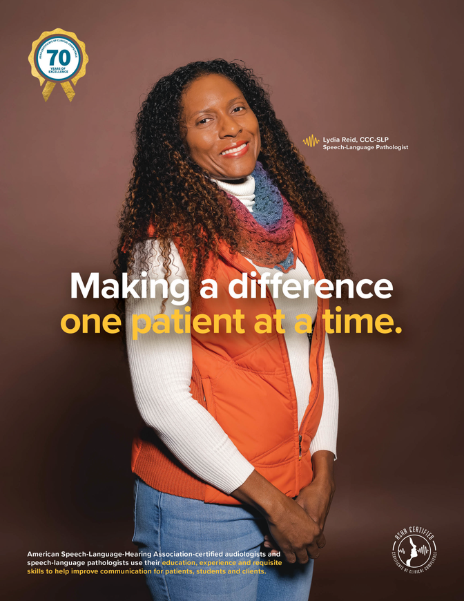 A woman is standing in front of a brown background with the words making a difference one patient at a time.