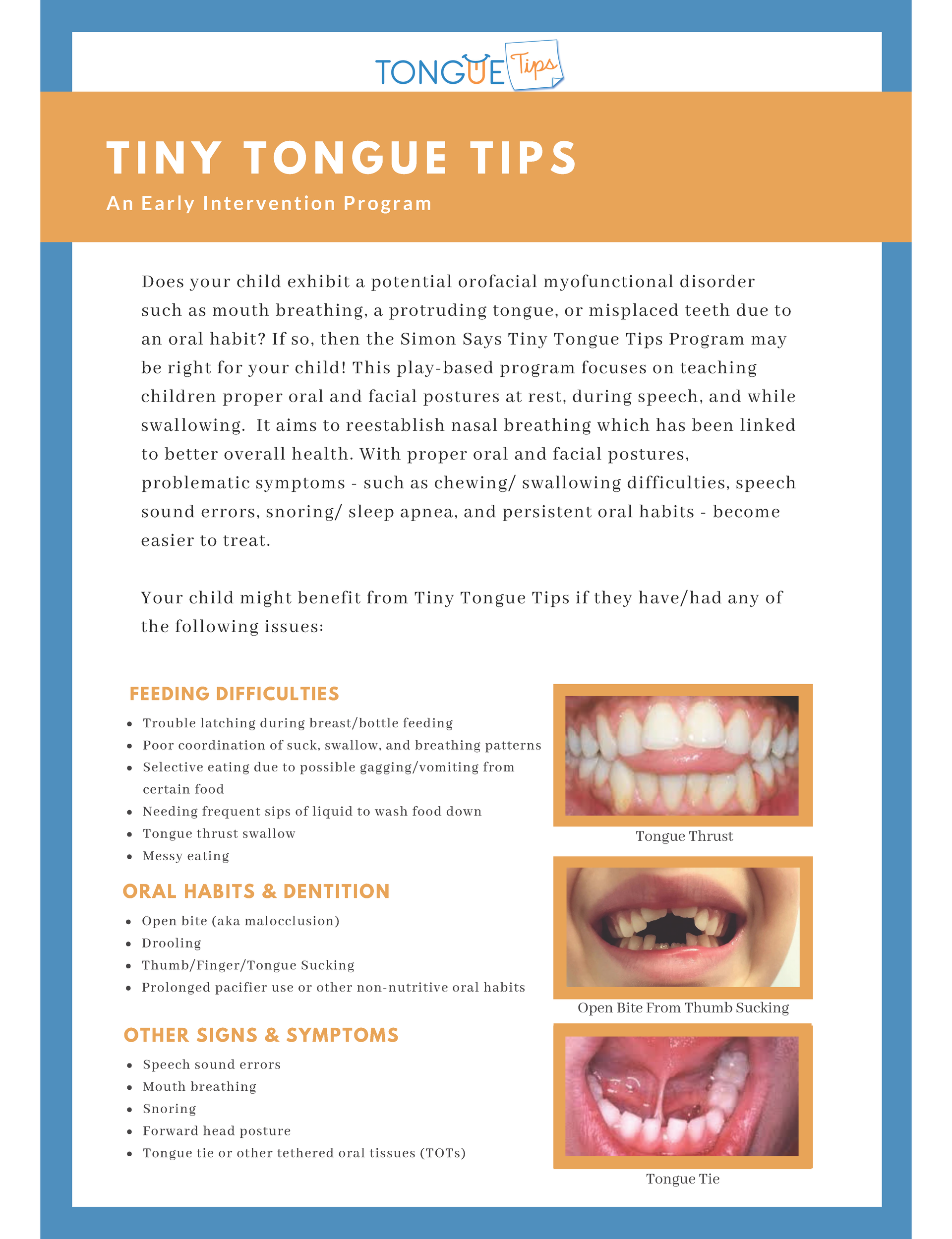A flyer about tiny tongue tips with a picture of a person 's teeth.