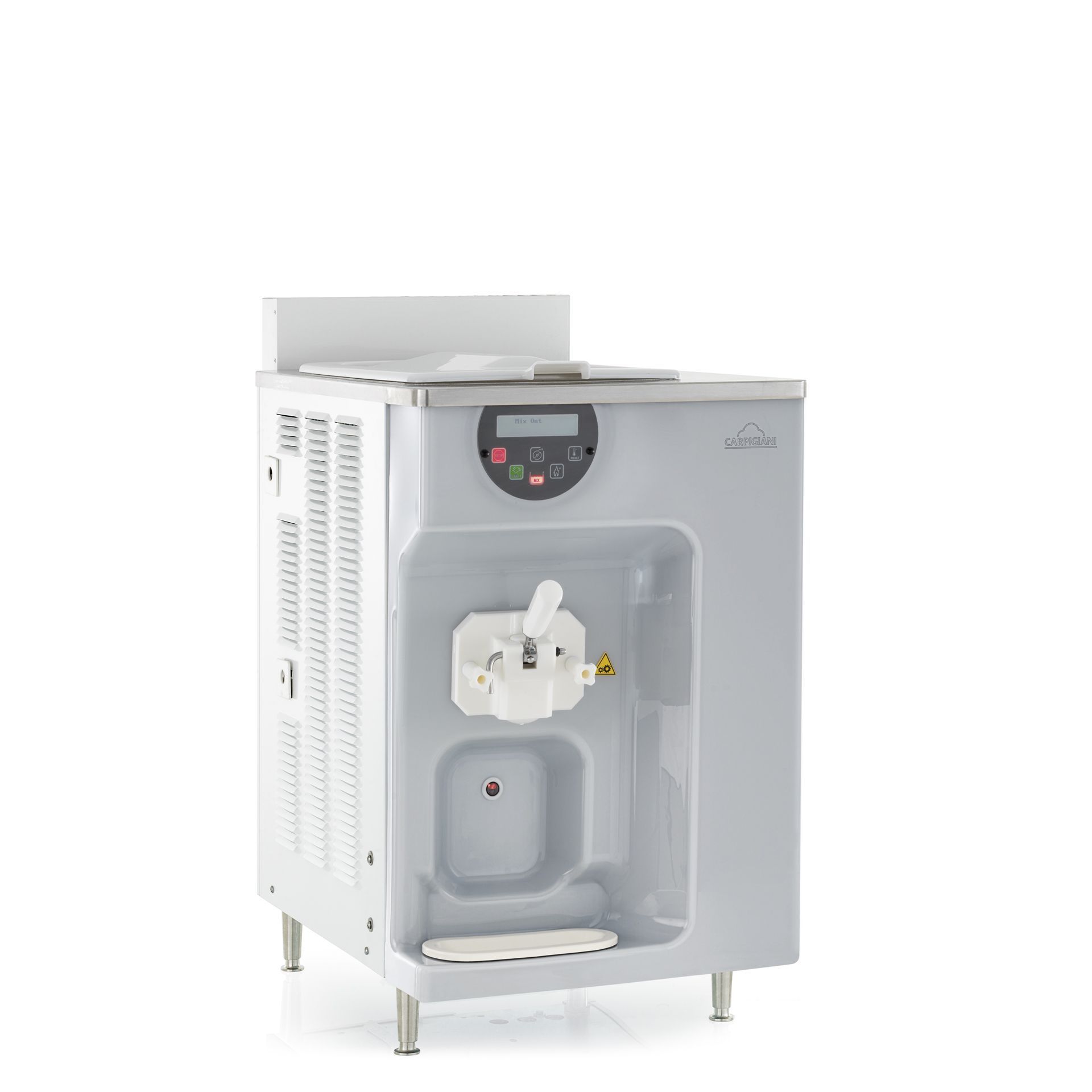 Machine à glace molle commerciale blanche à une seule saveur avec panneau d'affichage numérique, levier de distribution et pieds.