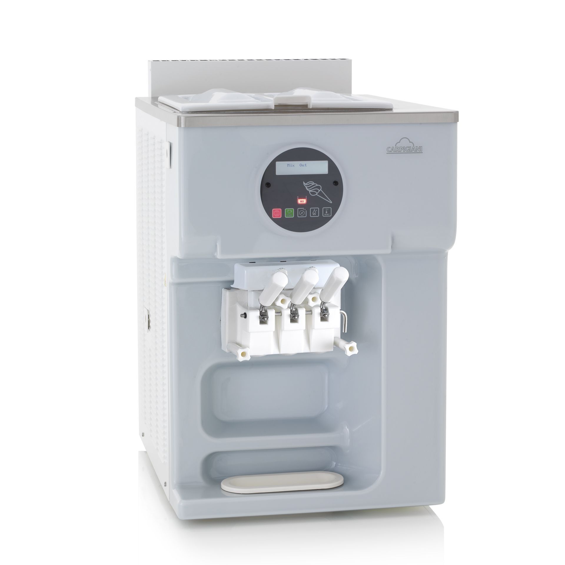 Machine à glace molle grise de comptoir, avec trois leviers de distribution et un écran d'affichage numérique.