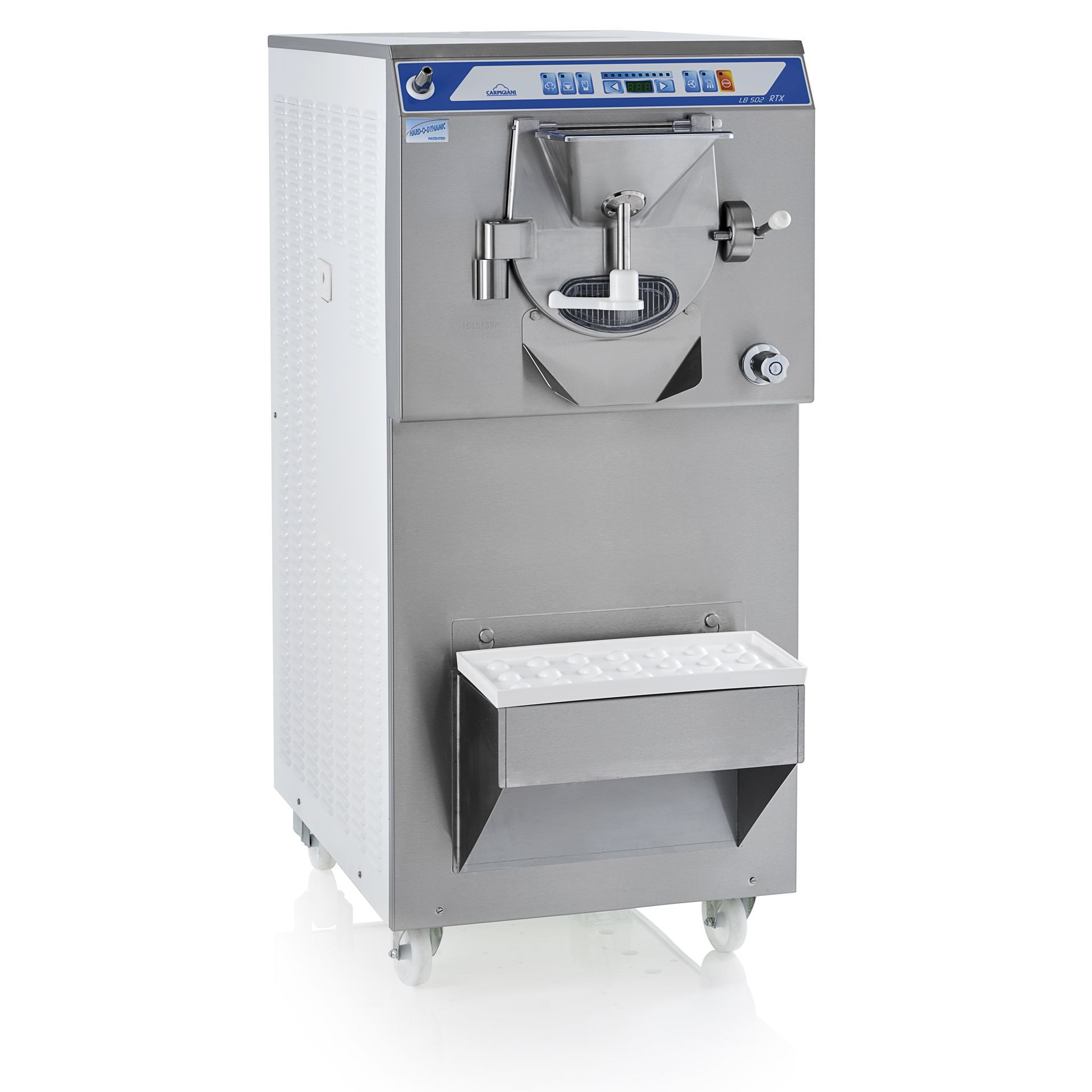 Machine de congélation industrielle par lots en acier inoxydable avec porte de distribution centrale, panneau de commande et bac de récupération des égouttoirs.