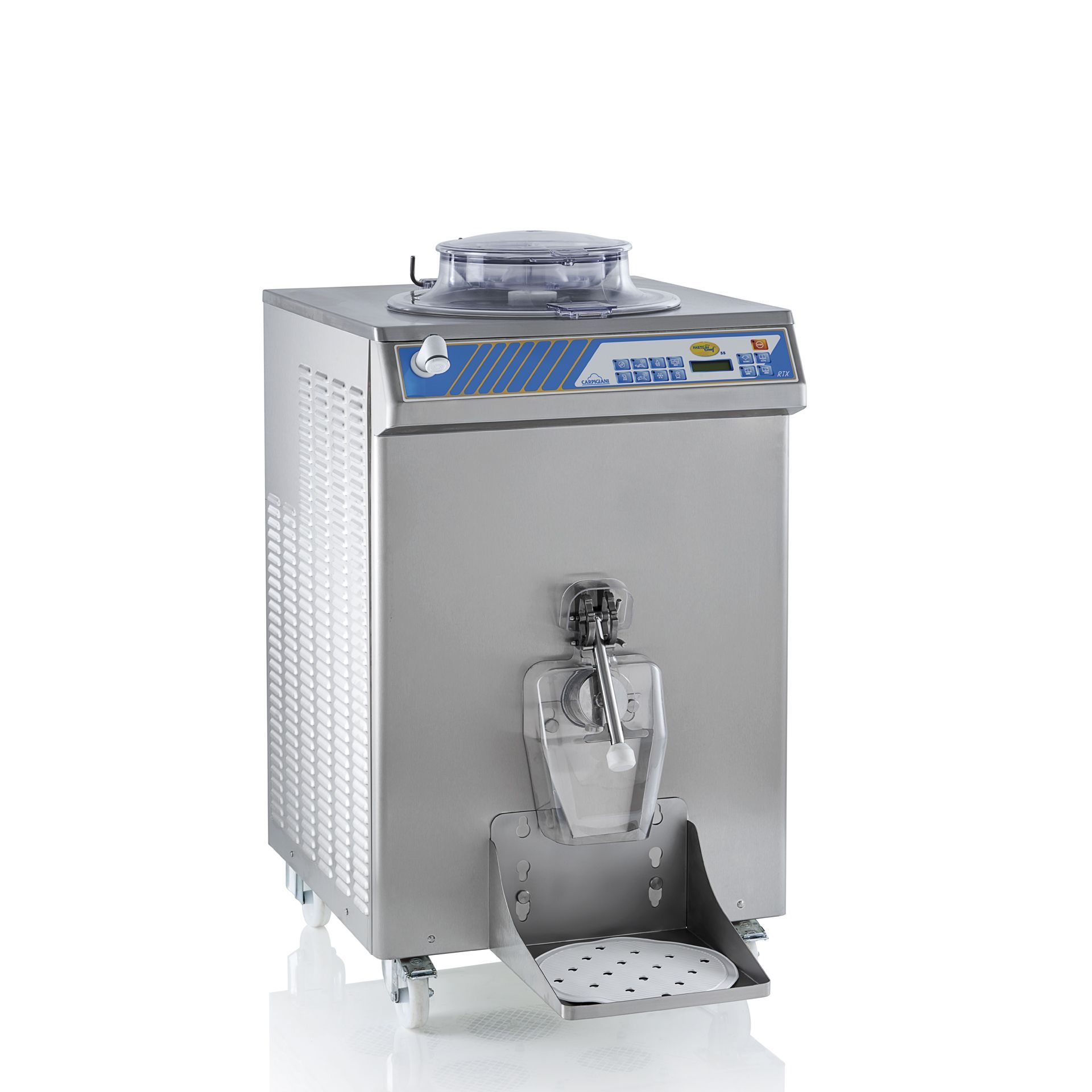 Machine à desserts glacés commerciale en acier inoxydable avec couvercle supérieur transparent et poignée de distribution frontale sur fond blanc.