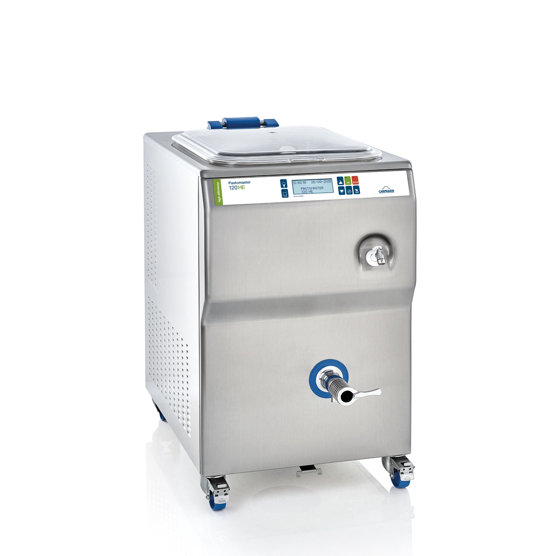 Congélateur à lots en acier inoxydable pour crème glacée avec panneau de commande numérique, couvercle supérieur et robinet de distribution frontal sur roues.