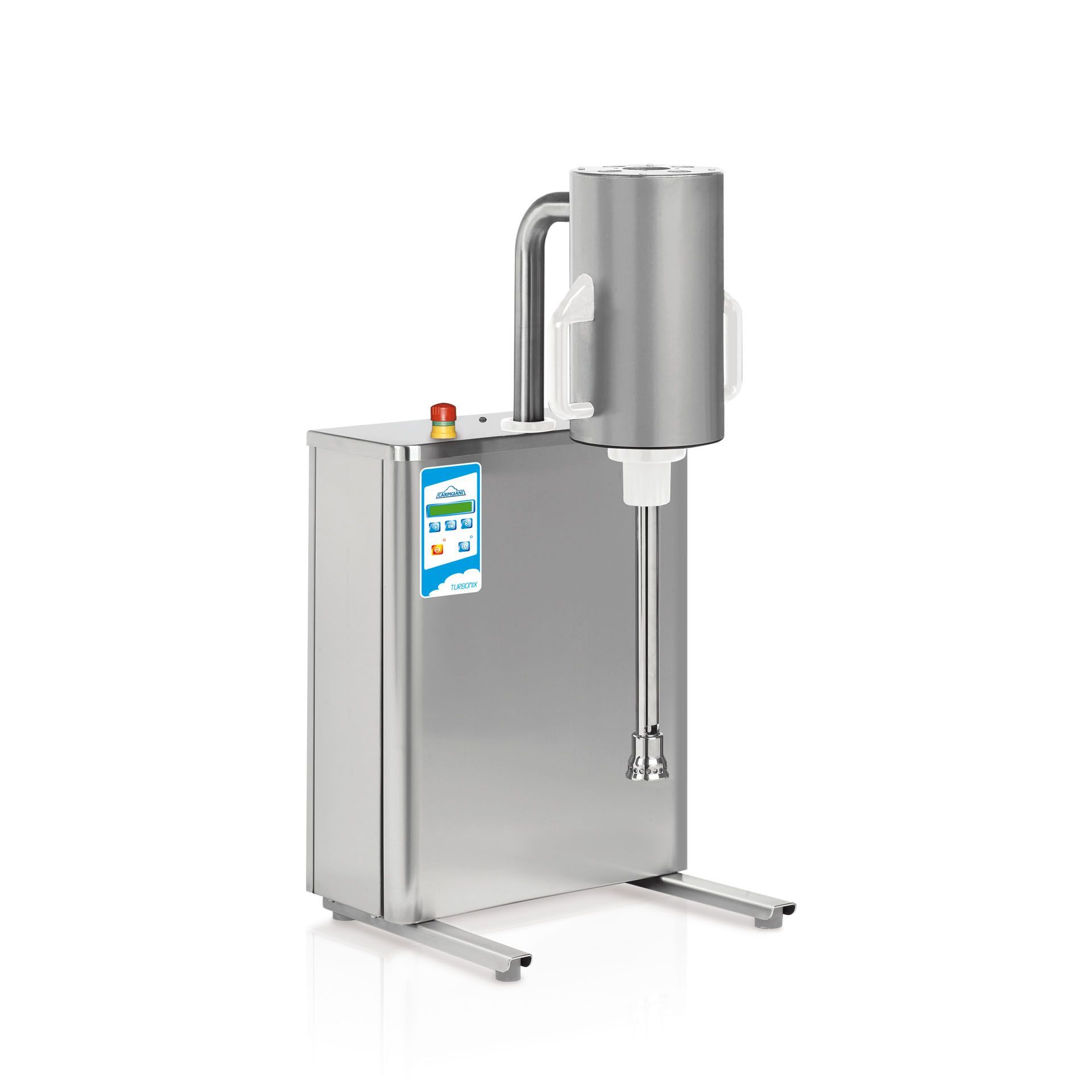 Un homogénéisateur industriel en acier inoxydable, doté d'une tige de mélange verticale et d'un panneau de commande, se détache sur un fond blanc.