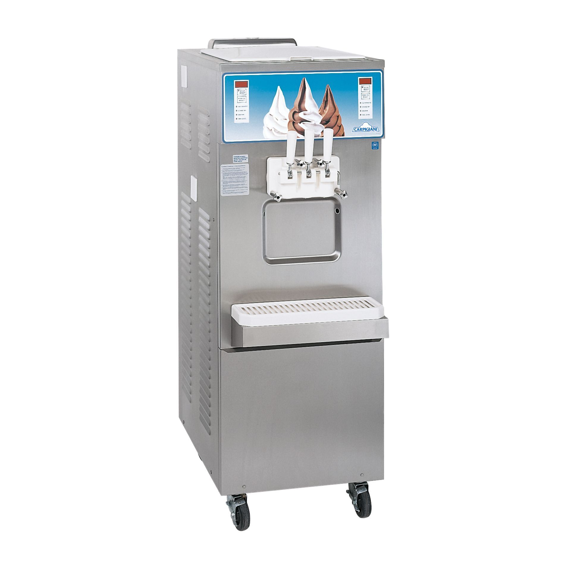 Machine à glace molle commerciale en acier inoxydable avec trois poignées de distribution et un bac de récupération.